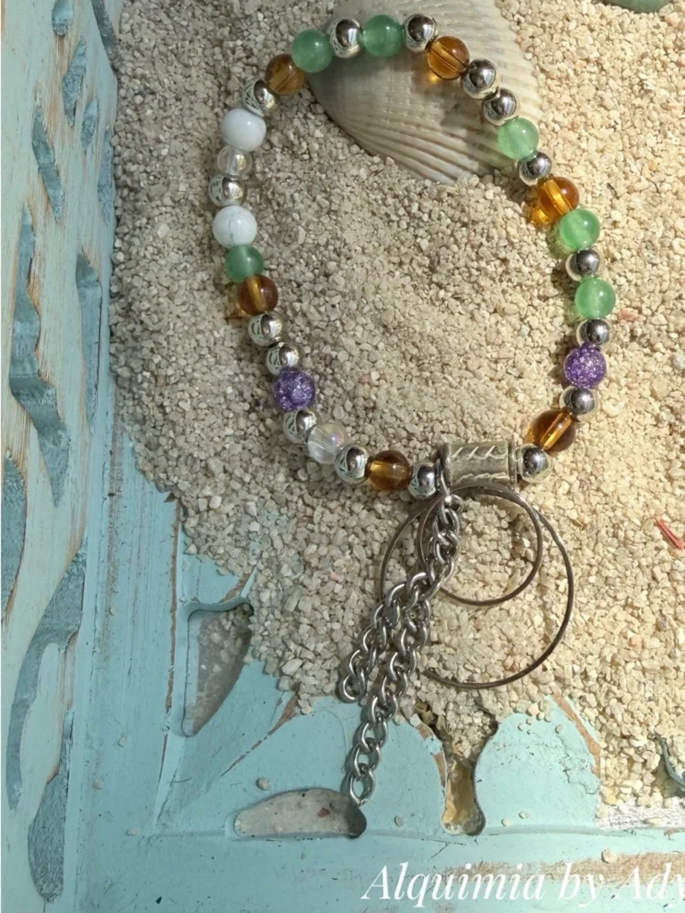 GEMSTONES Green, Amber, White & Purple Beaded Bracelet with Silver Tassel